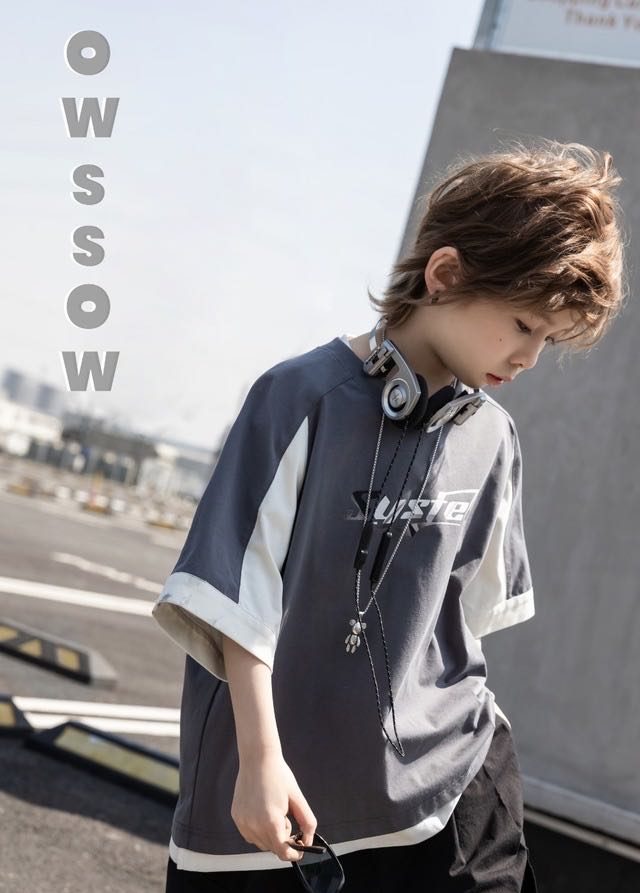 Grey Contrast-Sleeve Graphic Tee, Grey, kids, photo 4 of 5