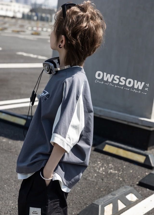 Grey Contrast-Sleeve Graphic Tee, Grey, kids, photo 5 of 5
